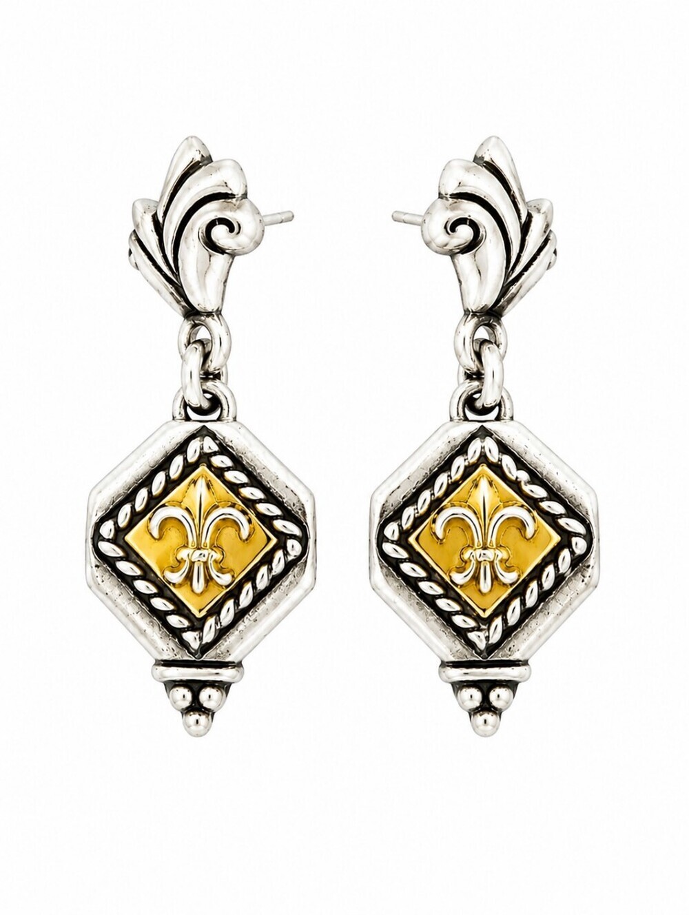 BRIGHTON Two-tone Fleur-de-lis Castlecore Dangle Post Earrings